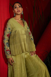 Pista Green Georgette Pleated Jacket Set